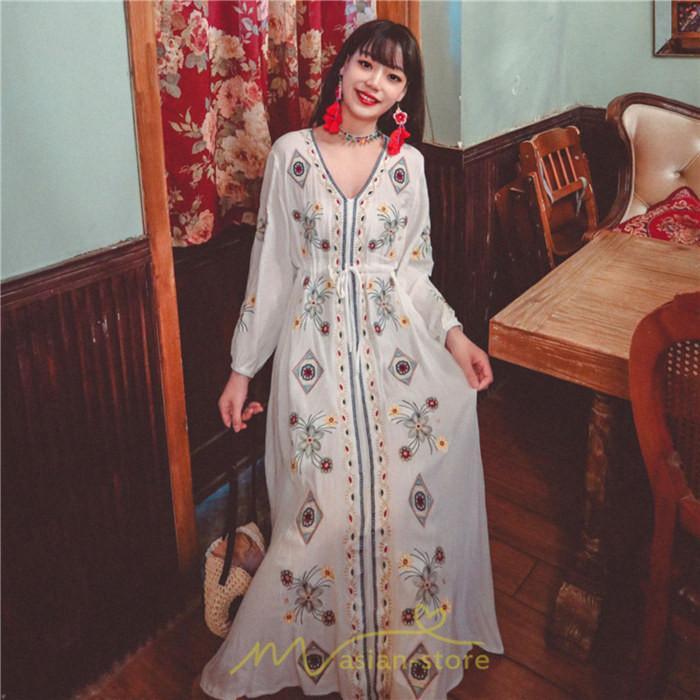 マキシ | ワンピース 長袖 レディース ロング丈 マキシ丈 綿麻 コットン リネン Aライン ゆったり 体型カバー 大人 可愛い 海外旅行 秋 夏 エスニック ナチュラル 春