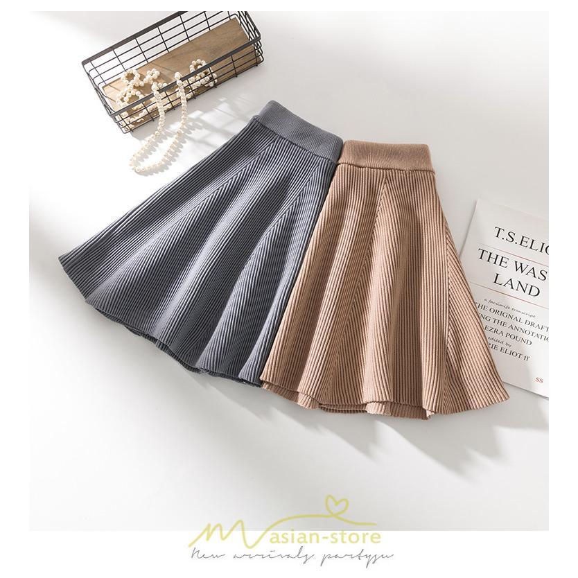 スカート | レディース ボトムス ミニ丈 ひざ上 ウエストゴム 楽ちん ゆったり ニット 秋冬 韓国風 Aライン フレア デート 着痩せ 可愛い お出かけ 脚長効果