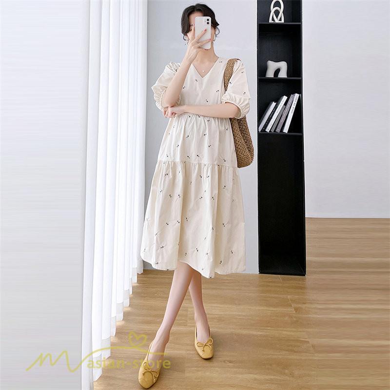 ワンピース | マタニティレディース 着痩せ 半袖 サマーマタニティウェア 上品 Aライン ゆる大きいサイズ お出かけ 韓国風 Vネック 妊婦服