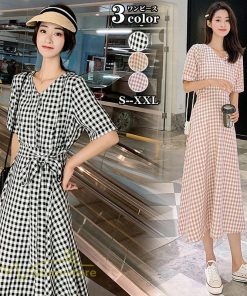 マキシ | ワンピース Aライン レディース チェック柄 上品 着痩せ Vネック 気質 ロングワンピース サマーワンピース 夏新作 大きいサイズ 40代 20代 30代 上品 通勤通学