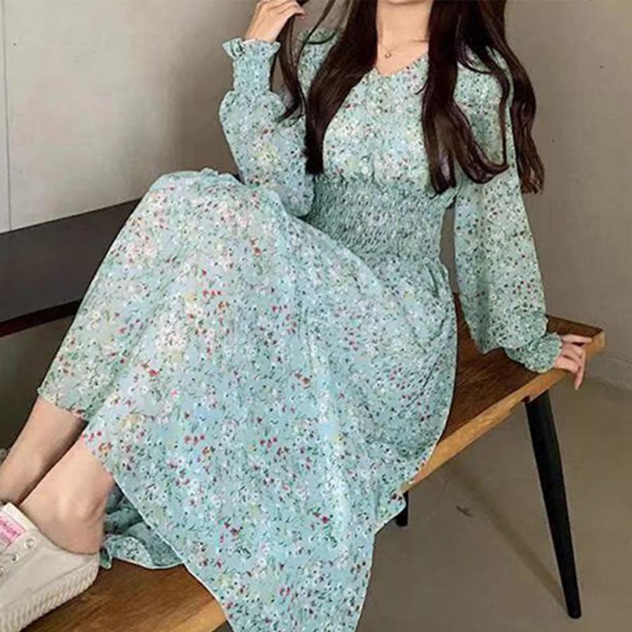 ワンピース | ウエストシャーリング花柄ロングワンピース