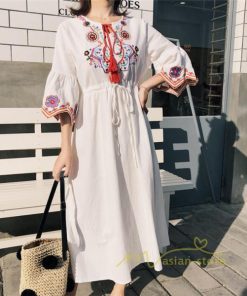 マキシ | ワンピース 半袖 夏物 レディース 秋服 綿麻 刺繍 フレアスリーブ ロングワンピース ミモレ丈 五分袖 ウエストゴム 大人 30代40代 Aラインワンピ リボン付き