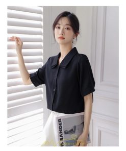 シャツ・ブラウス | トップス ブラウス 半袖 シャツ レディース オフィス フォーマル 白 黒 開襟 二重襟 バブルスリーブ 着痩せ フランス風 仕事服 クラシック 無地 通勤 大人 上品