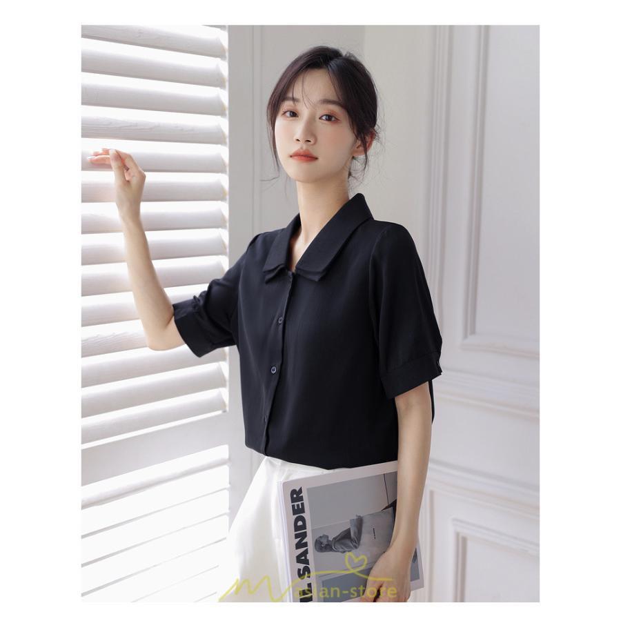 シャツ・ブラウス | トップス ブラウス 半袖 シャツ レディース オフィス フォーマル 白 黒 開襟 二重襟 バブルスリーブ 着痩せ フランス風 仕事服 クラシック 無地 通勤 大人 上品