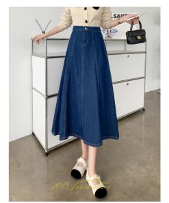 スカート | デニムフレアミモレ丈 ロングt丈 シンプル ゆったり レディース フレア 大人 秋冬 ハイウエスト 美脚 韓国ファッション 可愛い