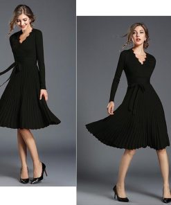 ミディアム | ワンピース レディース ひざ丈ワンピ フレアワンピース Ｖネック 長袖 体型カバー ワンピース 通勤 二次会 カジュアル パーティー 上品 リボン付き