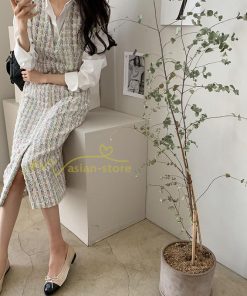 マキシ | ワンピース ノースリーブ Vネック ミモレ丈 ツイードワンピース スリット キラキラ 美ライン 女シルエット エレガント 秋物 レディース 秋冬 フェミニン