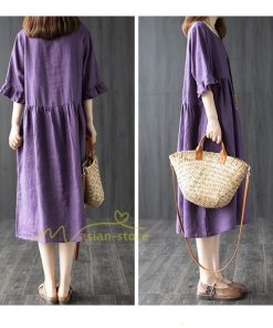 ミディアム | ワンピース レディース 40代 50代 半袖 きれいめ ゆったり ミディ丈 30代 ミディアム丈 綿麻混ワンピース 韓国ファッション 丸首 上品 カジュアル 夏物 お出かけ