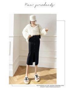 スカート | レディース ロング丈 ミモレ丈 ニット 秋冬 韓国風 スリット ハイウエスト Aライン 着痩せ 小柄 大人可愛い 20代30代40代50代 フェミニン 脚長効果