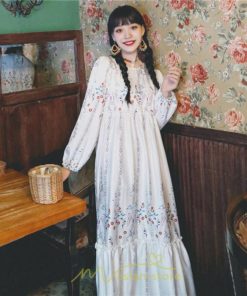 マキシ | ロングワンピース レディース  夏 秋 リゾート ルームワンピース 長袖 ゆったり ロング丈 旅行用 バブルスリーブ かわいい 後ボタン付き レトロ風 丸首