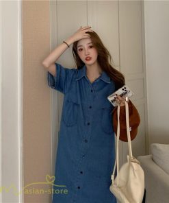 ミディアム | ワンピース デニムワンピース 半袖 ひざ丈 シャツワンピース 夏新作 体型カバー デニム フリーサイズ レトロ風 カジュアル 膝丈 かわいい 無地 ワンピ きれいめ