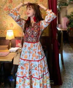 マキシ | ワンピース 七分袖 レディース 夏服  秋服 ロングワンピース マキシ丈 Vネック 民族風 エスニック風 体型カバー カジュアル お洒落 レトロ ハイウエスト