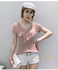 ｔシャツ・カットソー | サマーニット レディース 半袖 Vネック カラー きれいめ トップス Tシャツ ニットソー 薄手 新品 夏新作 2021 激売れ お出かけ ファッション 激売れ エレガント