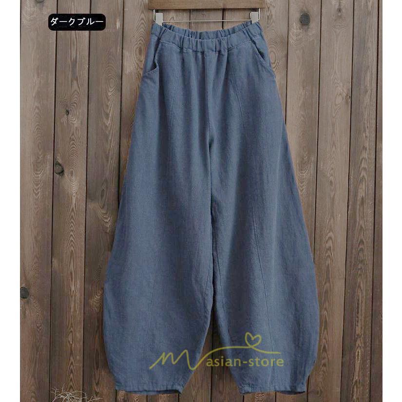 ワイドパンツ | 夏パンツ レディース パフパンツ ロングパンツ 綿麻パンツ 涼しい ゆったり ウエストゴム 可愛い 20代30代40代50代60代 無地 大人 大きめ