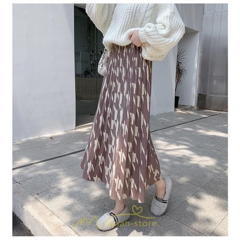 スカート | ロングレディース ボトムス プリーツかわいい 秋冬新作 韓国風 ハイウエスト 細見え 脚長効果 ニット こなれ感 高身長 低身長 トレンド