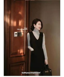 ミディアム | ワンピース ロング ロングワンピース スリム 細身 Vネック スリーブレス 無地 ロング丈 秋冬 レイヤード ノースリーブ