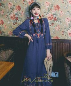 マキシ | ロングワンピース 長袖 花柄 フレア エスニック風 民族風 レトロ調 刺繍 綿麻 リゾート 旅行 レジャー お出かけ 外出 華奢魅せ 着痩せ 女子会 Vネック 同窓会