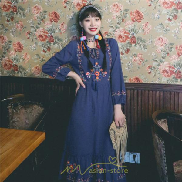 マキシ | ロングワンピース 長袖 花柄 フレア エスニック風 民族風 レトロ調 刺繍 綿麻 リゾート 旅行 レジャー お出かけ 外出 華奢魅せ 着痩せ 女子会 Vネック 同窓会