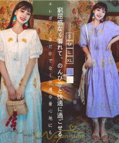 マキシ | ロングワンピース 夏秋 レディース 五分袖 普段着 同窓会 細見せ ハイウエスト コットン レース Aライン 白 紫 刺繍 Vネック キャンプ 旅行 上品 鎖骨 華奢魅せ