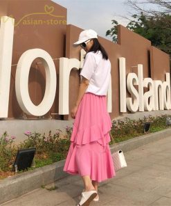 スカート | Aライン フレア裾 不規則アシンメトリー シフォン 韓国風 ティアード フリーサイズ 2020夏コーデ プリーツフレア ウエストゴム ハイウエスト