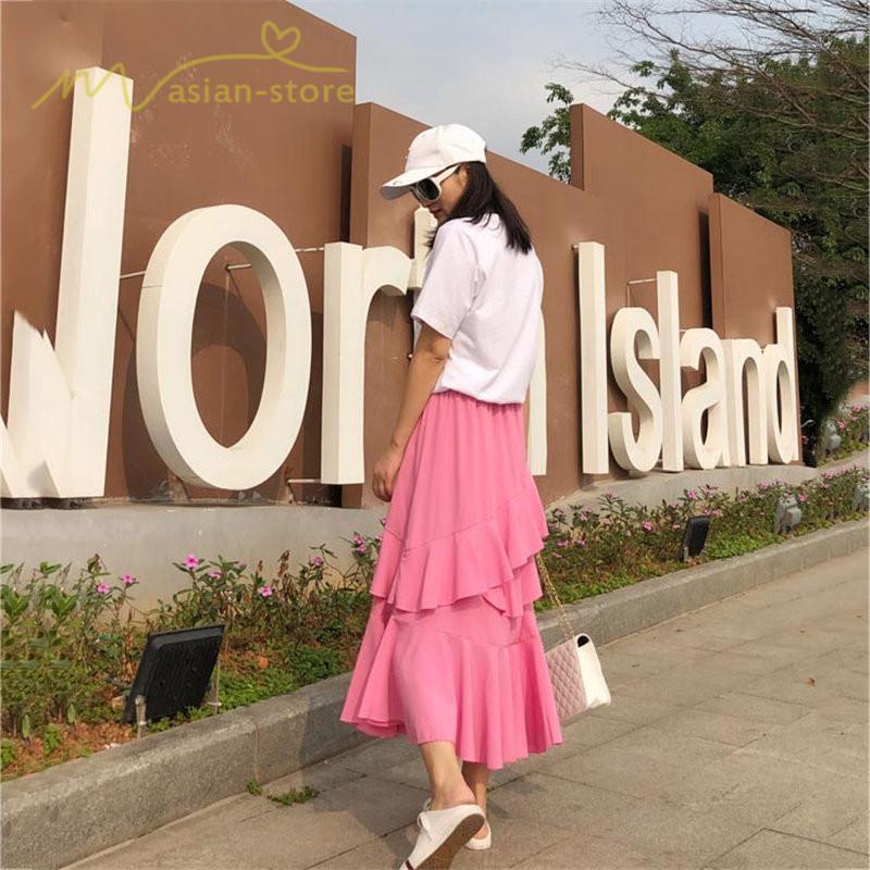 スカート | Aライン フレア裾 不規則アシンメトリー シフォン 韓国風 ティアード フリーサイズ 2020夏コーデ プリーツフレア ウエストゴム ハイウエスト