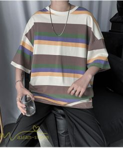 Tシャツ | カットソー メンズ ストライプ カジュアルクルーネック 5分袖 ワイドトップス メンズスタイル カッコウイイ 夏服 上品 日常感