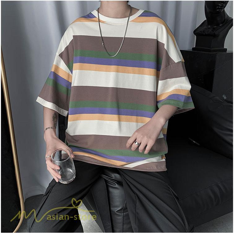 Tシャツ | カットソー メンズ ストライプ カジュアルクルーネック 5分袖 ワイドトップス メンズスタイル カッコウイイ 夏服 上品 日常感