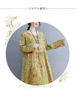 マキシ | ワンピース 大きいサイズ レディース  楽ちん 美人 コットン 夏 秋 新作 ぽっちゃり ゆったり 長袖 お腹 太もも 華奢 花柄 丸首 ポケット 黄色 美脚 着痩せ 通勤