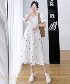 ワンピース | マタニティスカート レディース 着痩せ Aライン半袖 スクエアネック 薄手 夏新作 膝丈 妊婦服 柄 ポケット 産前 マタニティウェア 夏服