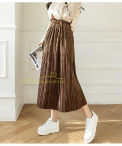 スカート | プリーツロングミモレ丈 ビロードAラインウエストゴム ハイウエスト 秋冬 無地 ゆったり 通学通勤 大人