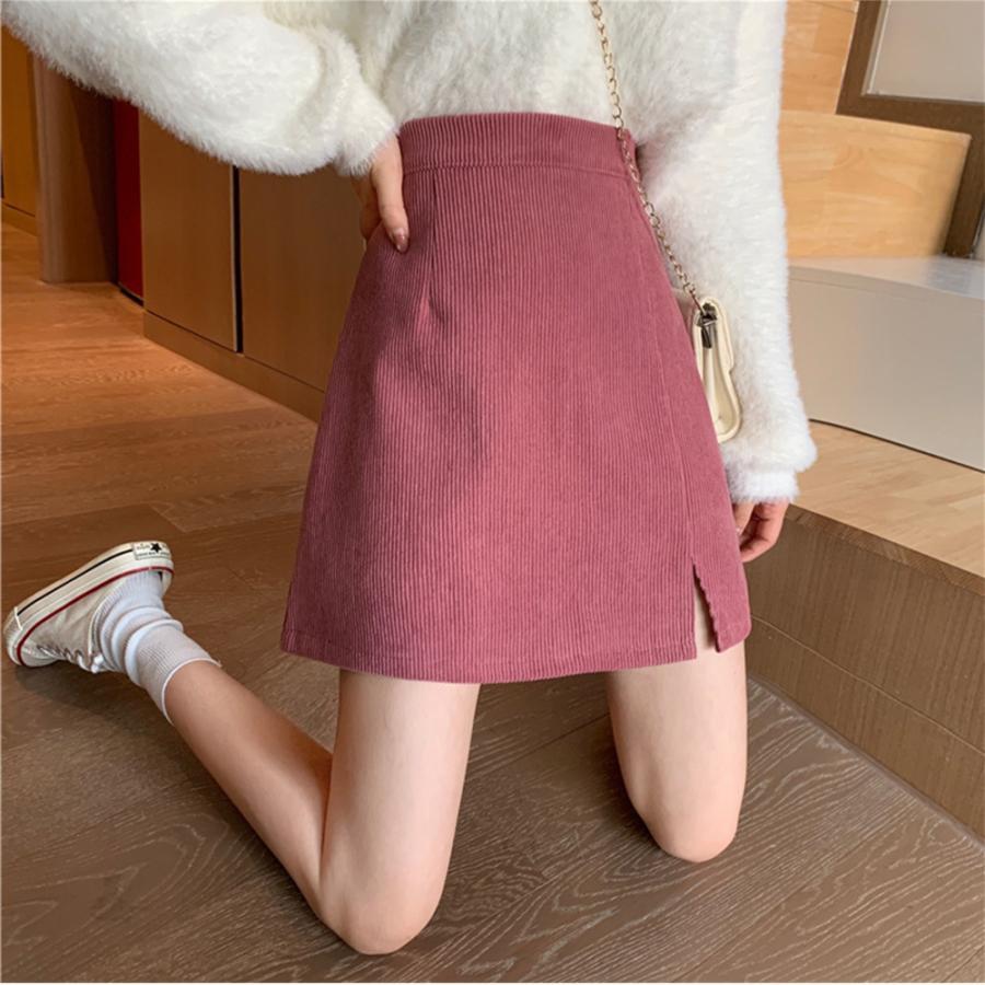 タイトスカート | ミニスリット入り Aラインスカート コーデュロイ ハイウエスト 台形美脚 スカート