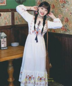 マキシ | ロングワンピース 長袖 花柄 フレア エスニック風 民族風 レトロ調 刺繍 綿麻 リゾート 旅行 レジャー お出かけ 外出 華奢魅せ 着痩せ 女子会 Vネック 同窓会