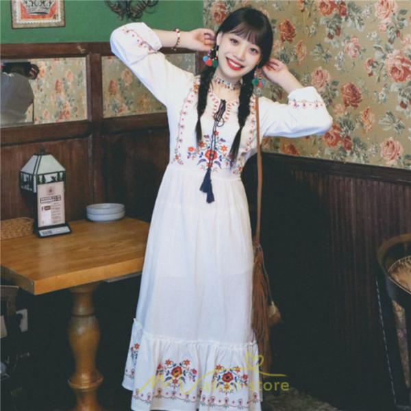 マキシ | ロングワンピース 長袖 花柄 フレア エスニック風 民族風 レトロ調 刺繍 綿麻 リゾート 旅行 レジャー お出かけ 外出 華奢魅せ 着痩せ 女子会 Vネック 同窓会