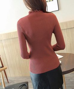 ニット・セーター | スリムフィット ニットウェア リブニット レースフリル襟 ニットソー レディース 長袖 ニットセーター ハイネック トップス