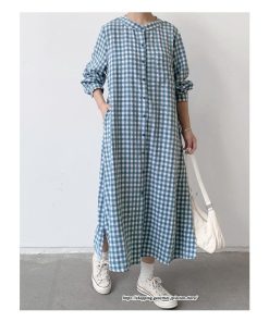 マキシ | 長袖ワンピース チェック柄ワンピース ロングワンピース レディース 秋物 ワンピース 楽チン 綿ワンピース 綿シャツワンピ スタンドカラー ゆったり 大きめ