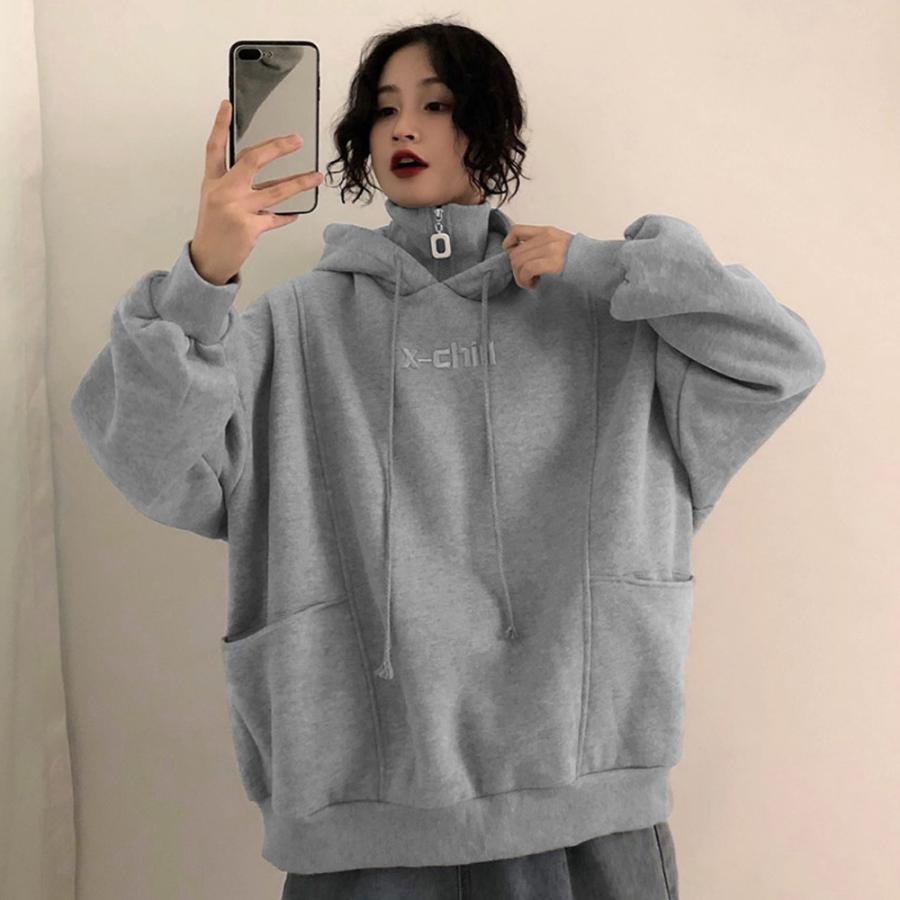 パーカ | 体型カバー オーバーサイズ レディース ロゴ フード付きパーカー トップス 裏起毛 トレーナー ロング丈 カジュアル