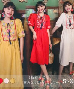 マキシ | ワンピース レディース 刺繍 綿麻 レトロ調 インスタ映え ナチュラル エスニック風 民族風 ボヘミアン 柔らかい SNS映え リゾート 赤 黄色 撮影 白