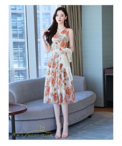 ミディアム | ワンピース レディース 花柄 着痩せ きれいめ おしゃれ 夏 サマーワンピース 膝丈 大きいサイズ 通勤 肩マント ミディアムワンピース お出かけ 気質 二点セット