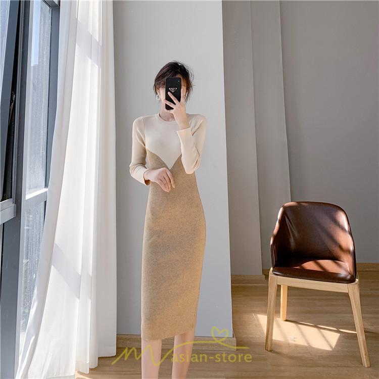 ニットワンピース | ワンピース 秋 秋服 レディース ニット ロングワンピース ロング 長袖 冬 冬服 タイト 切り替え 着痩せ お出かけ 韓国風 20代30代40代50代 通勤 2022新作