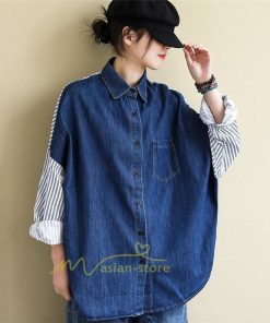 シャツ・ブラウス | デニム風シャツ レディース 異素材切替 シャツブラウス カジュアル 長袖シャツ 春服 胸ポケット トップス ゆったり 20代30代40代50代 おしゃれ 羽織り 通勤通学