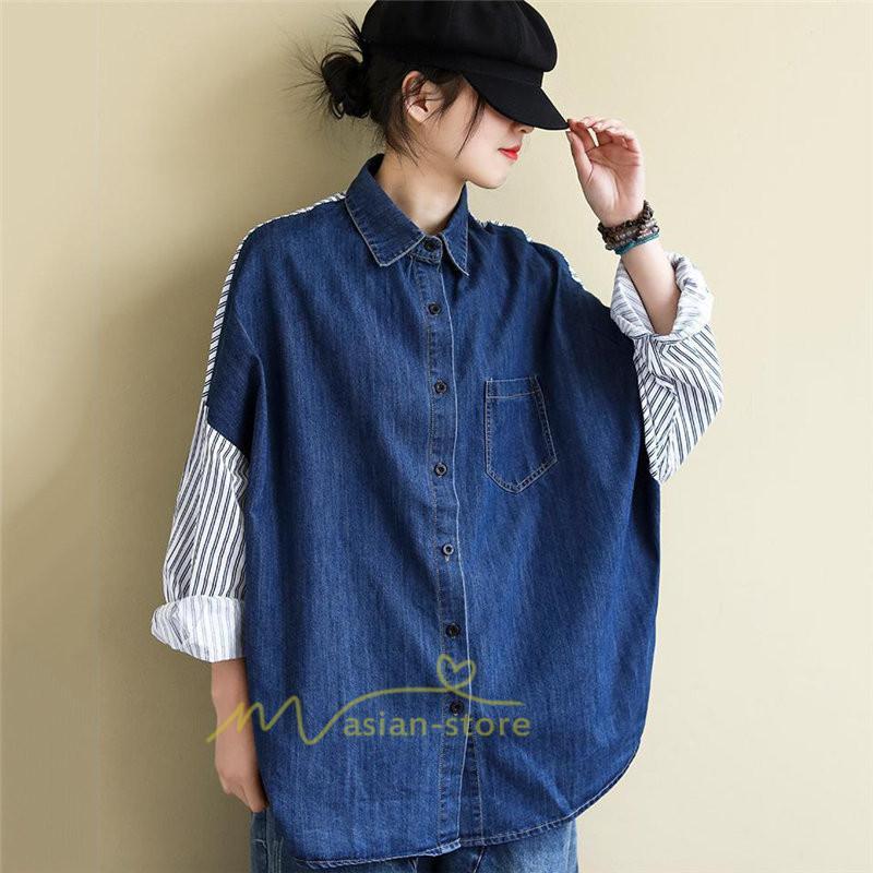 シャツ・ブラウス | デニム風シャツ レディース 異素材切替 シャツブラウス カジュアル 長袖シャツ 春服 胸ポケット トップス ゆったり 20代30代40代50代 おしゃれ 羽織り 通勤通学