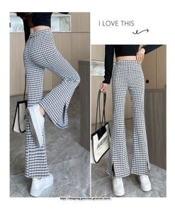 チノ・テーパード・ジョガー・スキニーパン | パンツ レディース フレアパンツ ロングパンツ 千鳥格柄 ブラック スリット カジュアル ハイウエスト お出かけ かわいい スキニーパンツ トレンド おしゃれ