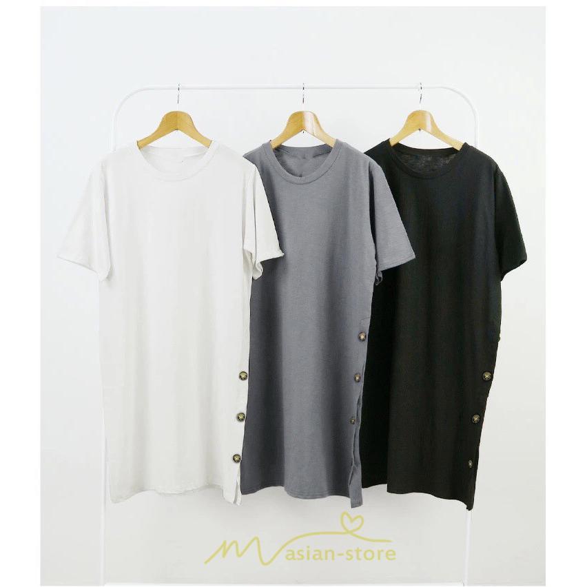 tシャツ・カットソー | Tシャツ レディース 半袖 ロングt 綿 ワンピース 無地 ラウンドネック トップス 麻 夏 ゆったり リラックス サイドスリット 20代30代 ロング丈 40代50代 可愛い