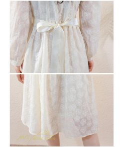 ミディアム | Aラインワンピース 秋コーデ レディース 長袖 膝丈ワンピース 腰リボン付き 刺繍 パフスリーブ 美ライン シルエット 大人 無地 オフィス お呼ばれ フォーマル