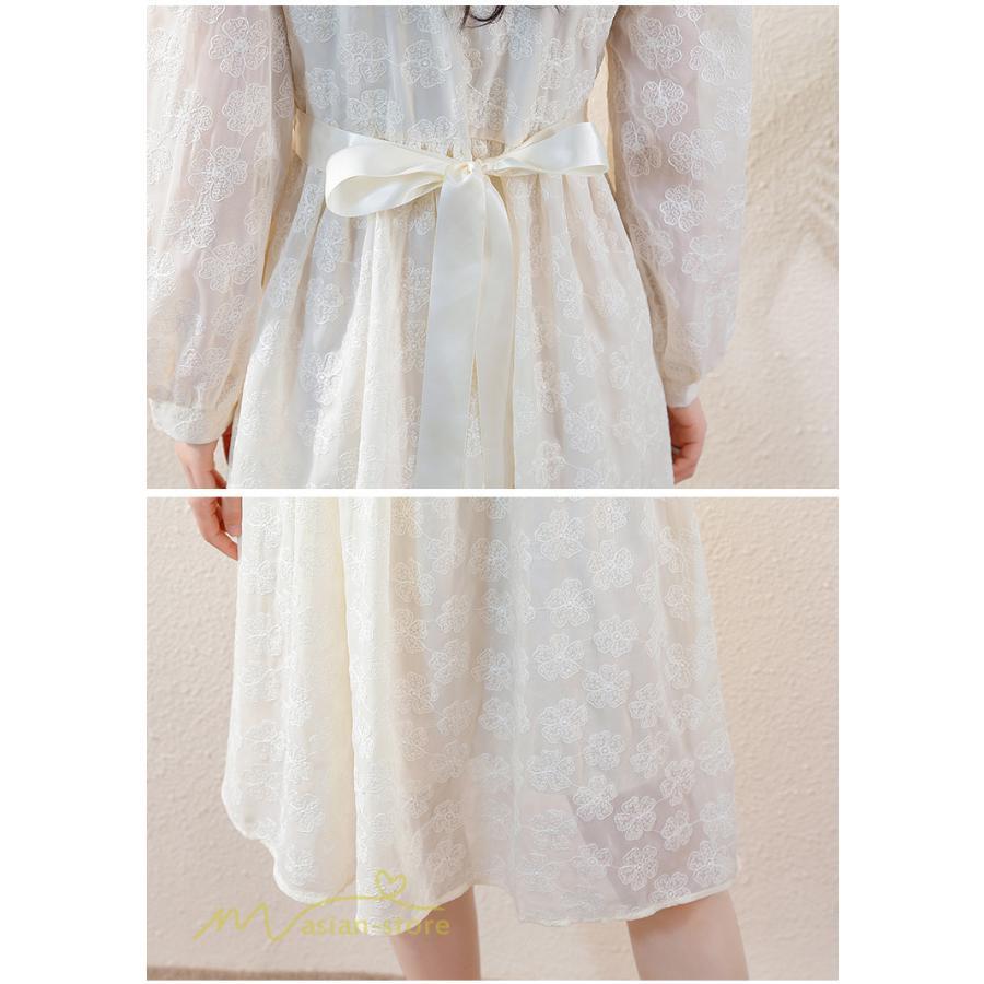 ミディアム | Aラインワンピース 秋コーデ レディース 長袖 膝丈ワンピース 腰リボン付き 刺繍 パフスリーブ 美ライン シルエット 大人 無地 オフィス お呼ばれ フォーマル