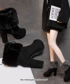 ブーツ | ショートレディース 10cmハイヒール ファー 冬用 保温防寒 太めヒール サイドジッパー スエード調 痛くない 冬靴 オシャレ 歩きやすい 痛くない