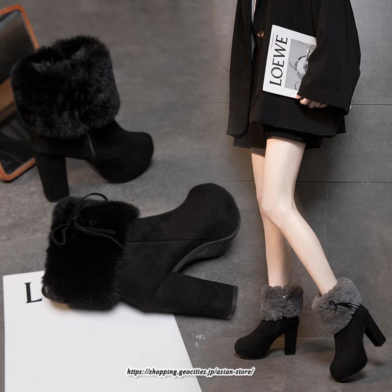 ブーツ | ショートレディース 10cmハイヒール ファー 冬用 保温防寒 太めヒール サイドジッパー スエード調 痛くない 冬靴 オシャレ 歩きやすい 痛くない