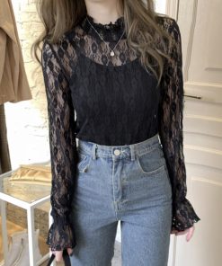 シャツ・ブラウス | フリル レース シースルー プチハイネック おしゃれ ブラウス 花柄 レディース トップス きれいめ