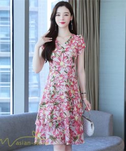 ミディアム | ワンピース レディース Vネック 半袖 花柄 おしゃれ Aライン ミディアムワンピース 着やせ エレガント 大きいサイズ 上品 膝丈 20代 30代 大人 40代