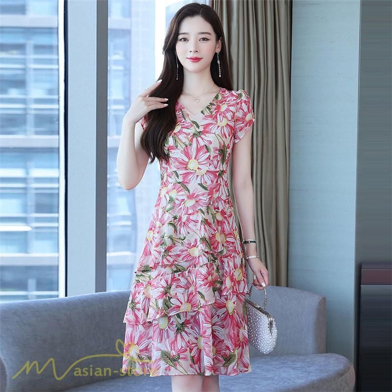 ミディアム | ワンピース レディース Vネック 半袖 花柄 おしゃれ Aライン ミディアムワンピース 着やせ エレガント 大きいサイズ 上品 膝丈 20代 30代 大人 40代